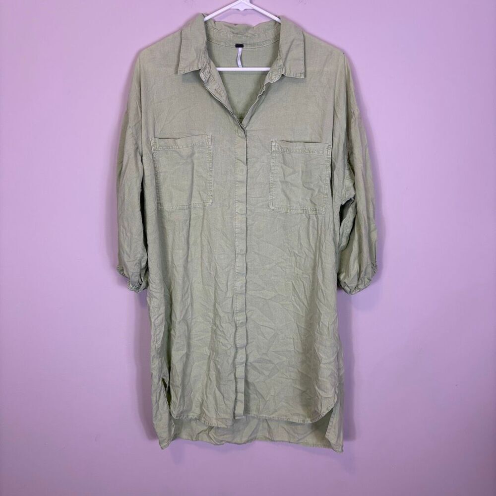Young Fabulous and Broke Pale Green Collared Button Front Linen Shirt Dress M